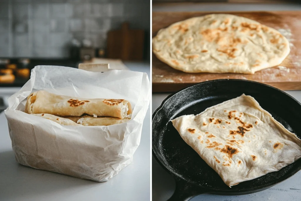 A well-stored crispy cottage cheese flatbread wrapped in parchment paper, with another flatbread reheating in a cast-iron skillet, demonstrating how to prevent Why is my Cottage Cheese Flatbread Soggy?