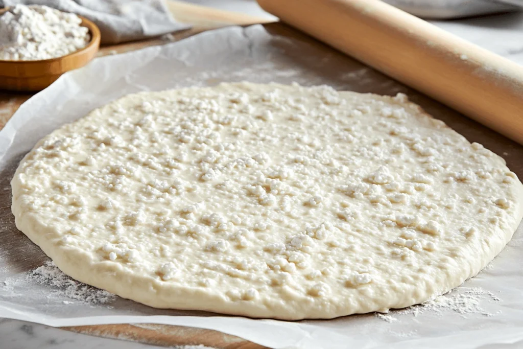 How to Keep Cottage Cheese Flatbread from Sticking – Cottage cheese flatbread dough being rolled out on a lightly floured surface with a wooden rolling pin, using parchment paper to prevent sticking.