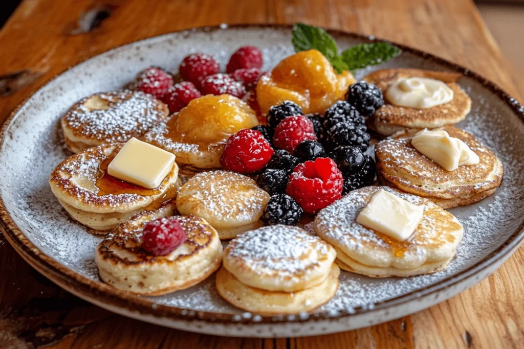 What are the small pancakes called? A beautifully arranged platter featuring Dutch poffertjes, Russian blini, and American silver dollar pancakes with syrup, butter, and fresh berries.