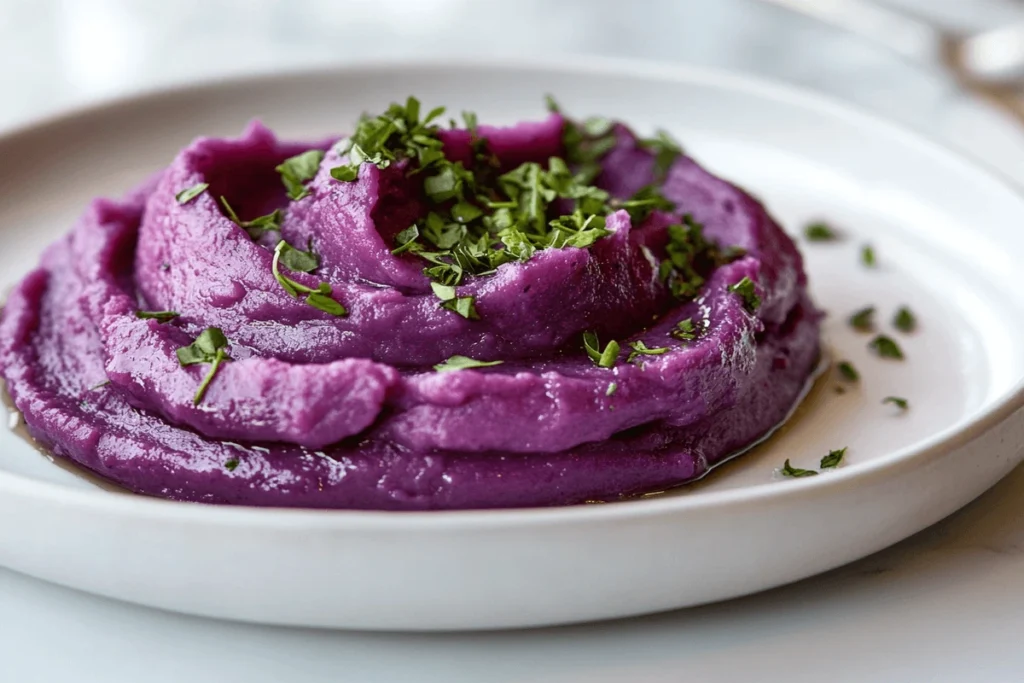 Mashed purple potatoes garnished with herbs, served on a white plate on a dinner table.