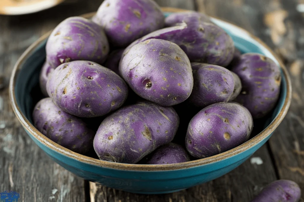 Bowl filled with vibrant purple potatoes, freshly harvested, showcasing the beauty of purple potatoes.