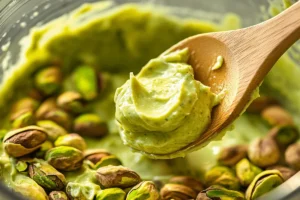 A close-up side view of a glass jar filled with creamy pistachio cream, with a spoon dipped in, showcasing its rich, nutty texture and smooth consistency.