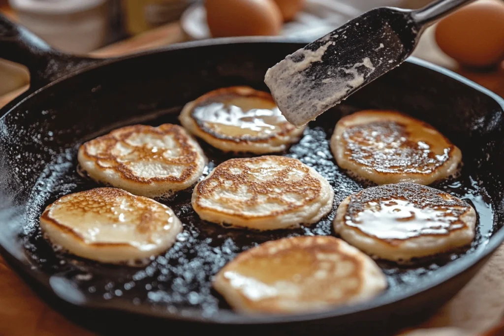 What are the small pancakes called? A close-up of a cast-iron pan with mini pancakes cooking, batter bubbling, and a spatula flipping a golden pancake.