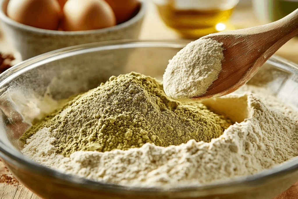 Mixing almond flour and matcha powder in a large bowl for matcha muffin recipe with almond flour, using a wooden spoon. A second bowl with whisked eggs, honey, and coconut oil is in the background.