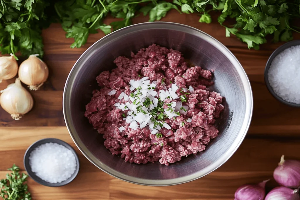 Fresh ingredients for the secret ingredient in a good burger – a bowl of ground beef mixed with finely chopped onions, Worcestershire sauce, and seasonings, surrounded by salt, pepper, and garlic on a wooden kitchen counter.
