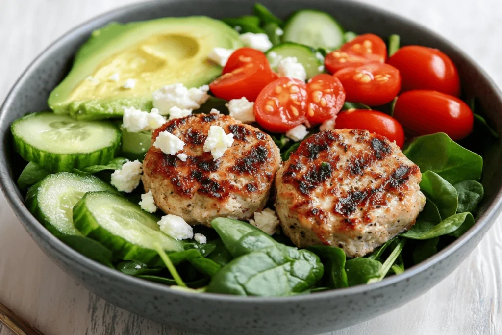 How much protein is in a burger bowl? A high-protein turkey burger bowl with grilled turkey, fresh spinach, diced avocado, cherry tomatoes, and cucumber slices, sprinkled with feta cheese, served in a white bowl on a light wooden background.