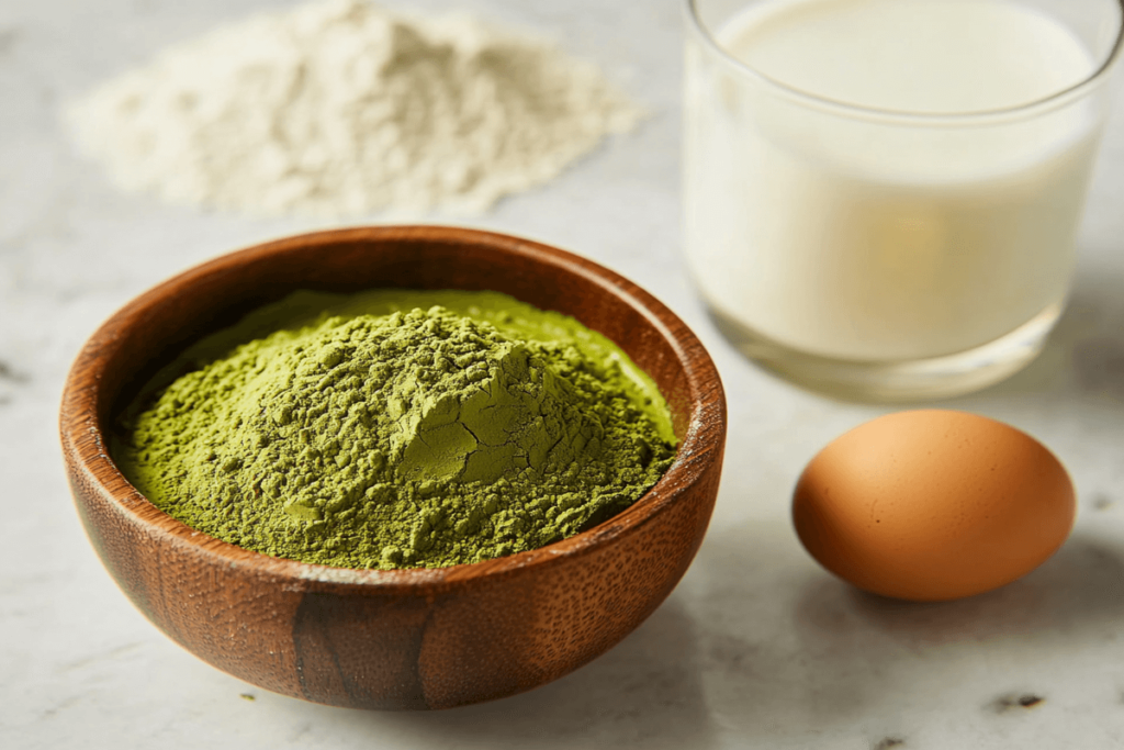 A flat-lay of matcha muffin ingredients, including vibrant green matcha powder, almond milk, eggs, flour, and honey. Learn how many calories in a matcha muffin and its key ingredients.