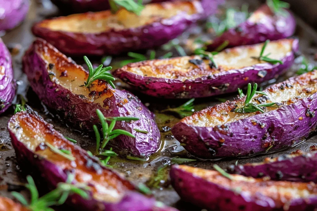 Roasted purple potato wedges on a baking sheet, crispy and golden, showcasing the versatility of purple potatoes.