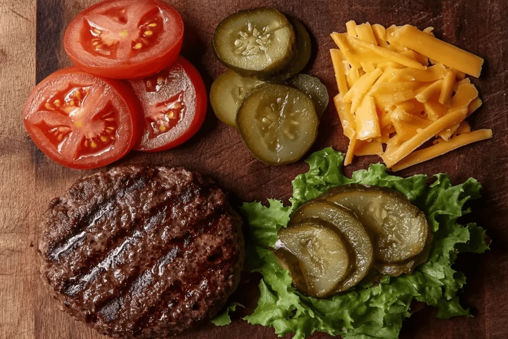 What is a Deconstructed Burger? A top-down view of fresh ingredients for a deconstructed burger, including a grilled beef patty, crisp lettuce, sliced tomatoes, pickles, cheddar cheese, sesame bun pieces, and a drizzle of sauce on a rustic wooden cutting board.