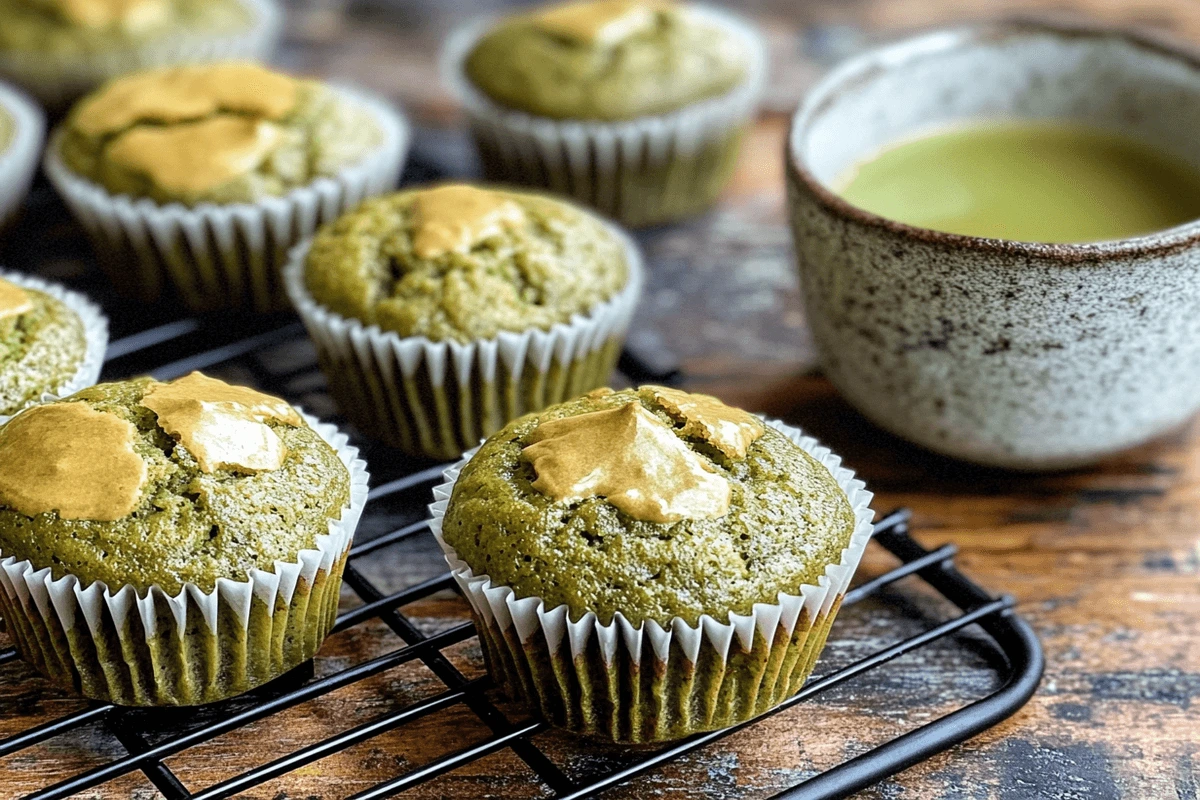 Freshly baked matcha muffins with almond flour cooling on a black rack, showing a golden-brown top and a hint of green, next to a cup of matcha tea.