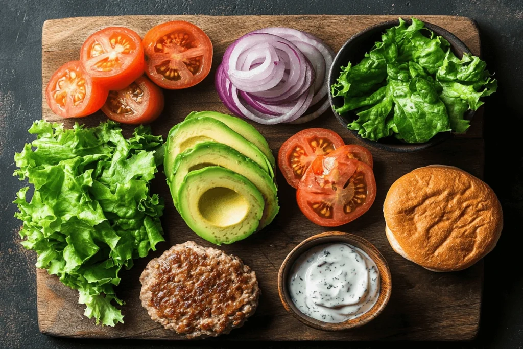 A deconstructed healthy burger on a wooden cutting board, featuring a lean turkey or plant-based patty, whole grain bun, fresh lettuce, sliced tomatoes, red onion, avocado, and Greek yogurt sauce. Discover what is the healthiest burger you can make? Each ingredient is labeled with its nutritional benefits, such as protein, fiber, and healthy fats.