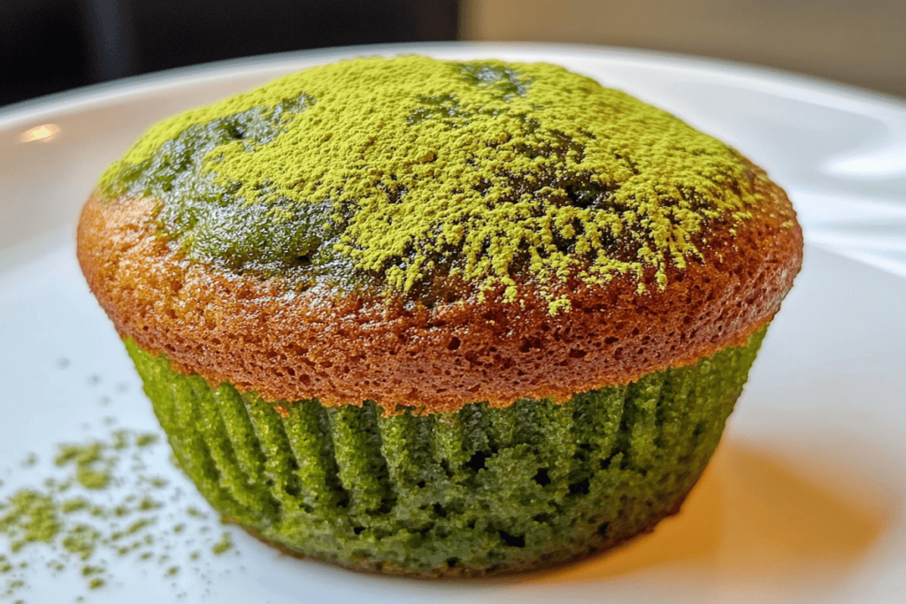 A freshly baked matcha muffin with a golden-brown top and vibrant green interior, showcasing its fluffy texture. Learn how many calories in a matcha muffin and its nutritional value.