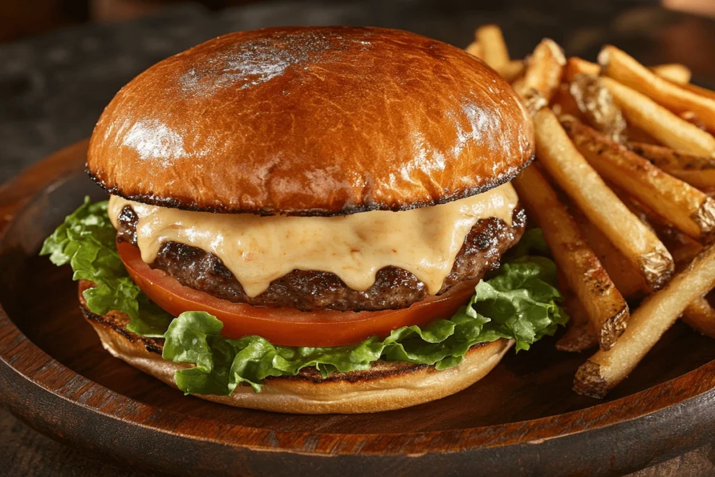 The secret ingredient in a good burger – a freshly assembled gourmet burger with a juicy beef patty, melted cheese, crispy lettuce, and a golden toasted brioche bun, served on a rustic wooden plate with fries on the side.