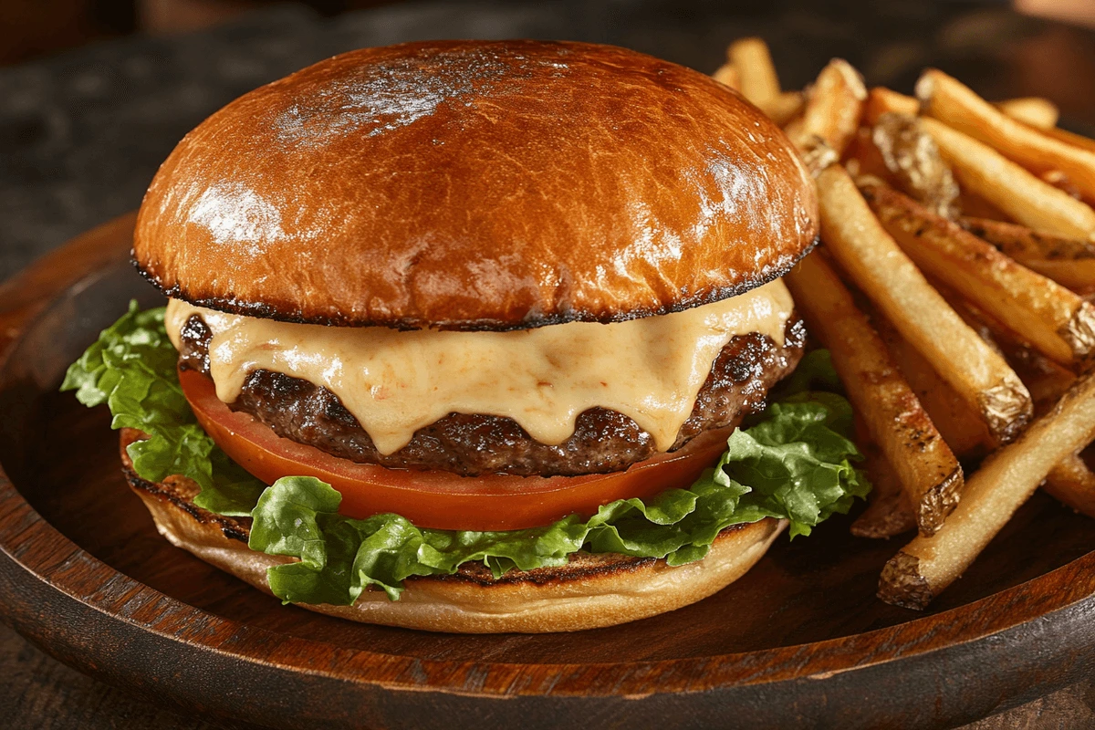 The secret ingredient in a good burger – a freshly assembled gourmet burger with a juicy beef patty, melted cheese, crispy lettuce, and a golden toasted brioche bun, served on a rustic wooden plate with fries on the side.