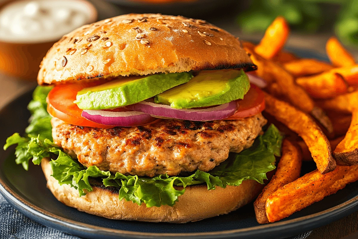 A perfectly assembled healthy burger with a whole grain bun, lean turkey patty, fresh lettuce, tomato slices, red onion, and mashed avocado. Discover what is the healthiest burger you can make?