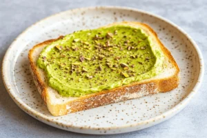A perfectly toasted slice of sourdough bread on a white plate, generously spread with glossy pistachio cream, highlighting its rich, nutty texture and smooth consistency.