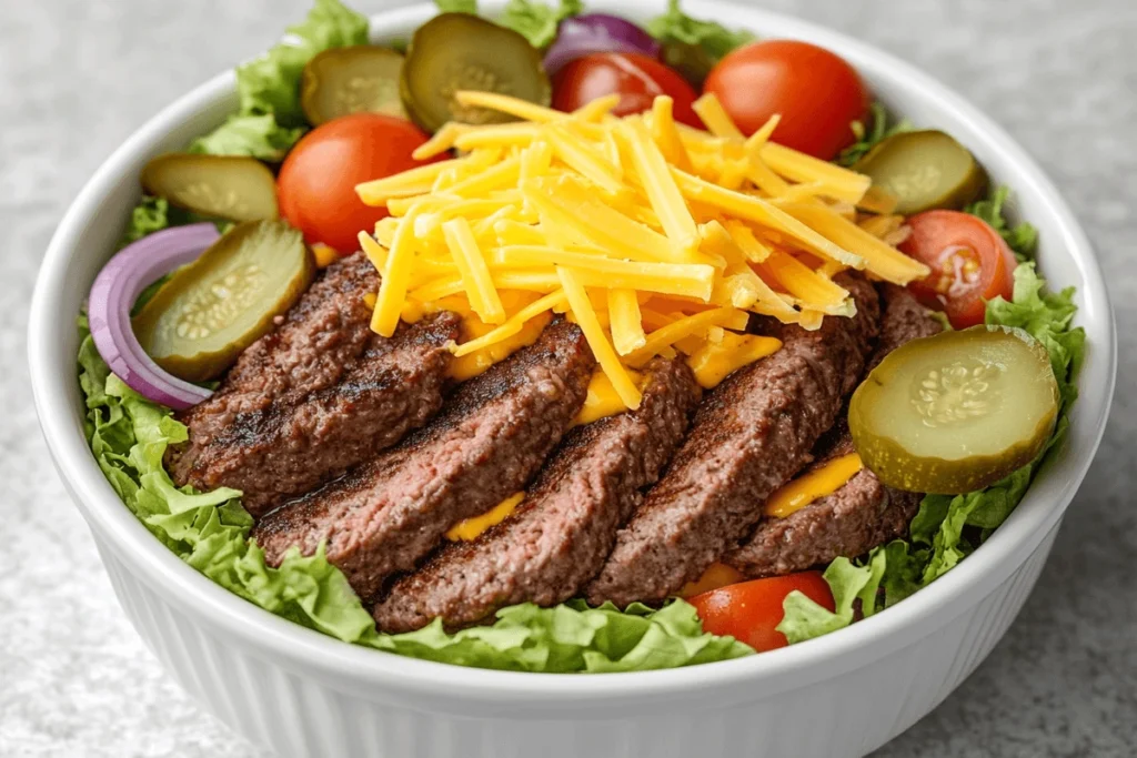 How much protein is in a burger bowl? A classic beef burger bowl with lean grilled beef patties, fresh lettuce, cherry tomatoes, red onions, pickles, shredded cheddar cheese, and light dressing, served in a white ceramic bowl on a rustic wooden table.