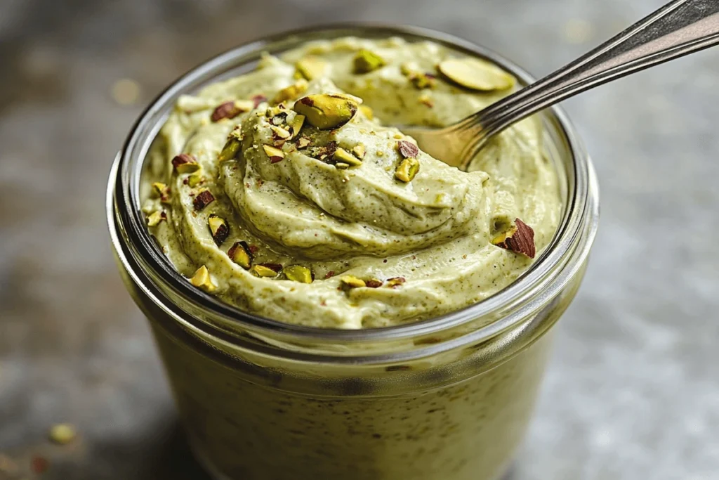 A side view of a glass jar filled with creamy pistachio spread, with a spoon dipped in, highlighting its smooth, nutty texture and rich green color.