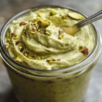 A side view of a glass jar filled with creamy pistachio spread, with a spoon dipped in, highlighting its smooth, nutty texture and rich green color.