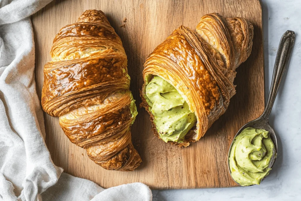 A top-down view of a wooden cutting board featuring a freshly baked croissant sliced in half, revealing creamy pistachio filling, with a spoonful of pistachio cream beside it.