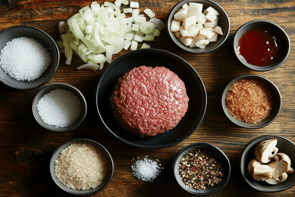 Exploring secret ingredients in a good burger – a top-down view of Worcestershire sauce, grated onions, brown sugar, celery salt, chopped mushrooms, and black pepper arranged on a rustic wooden counter with a raw beef patty in the center.