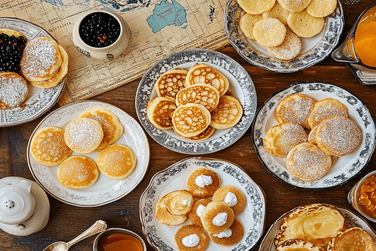 What are the small pancakes called? A vibrant flat-lay of global mini pancakes, including poffertjes, blini, æbleskiver, and baghrir, each labeled by country.