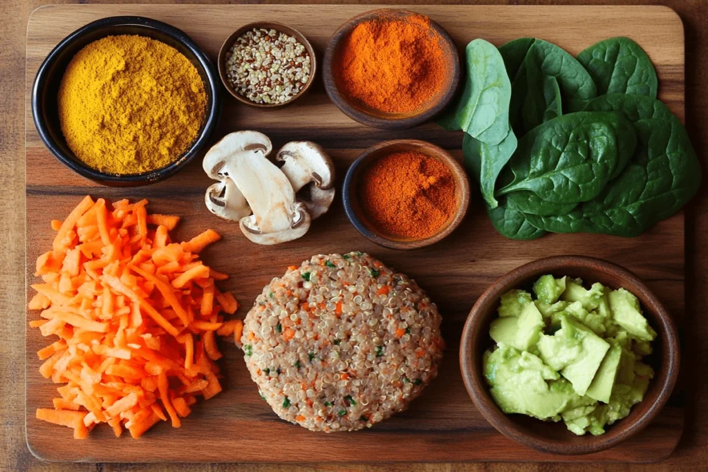 A wooden kitchen counter displaying fresh healthy burger add-ins, including chopped spinach, shredded carrots, diced mushrooms, cooked quinoa, and mashed avocado. Discover what is the healthiest burger you can make? Spice bowls with turmeric, cumin, garlic powder, and paprika surround a lean turkey patty, ready for mixing.