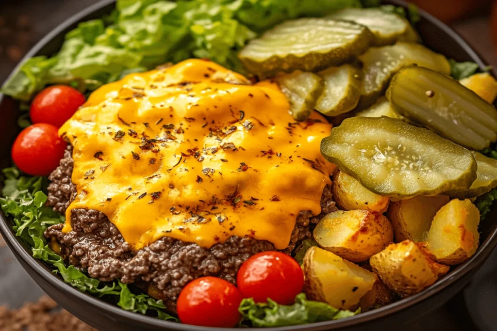 What is a Deconstructed Burger? A beautifully plated deconstructed burger with a gourmet beef patty in the center, lettuce and tomato on the side, crispy bun pieces arranged neatly, and a swirl of homemade burger sauce on a dark slate plate.