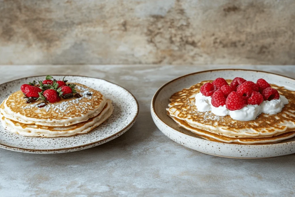 Are blinis the same as pancakes? A side-by-side comparison of traditional Russian blinis and fluffy American pancakes, highlighting their differences in texture and toppings.
