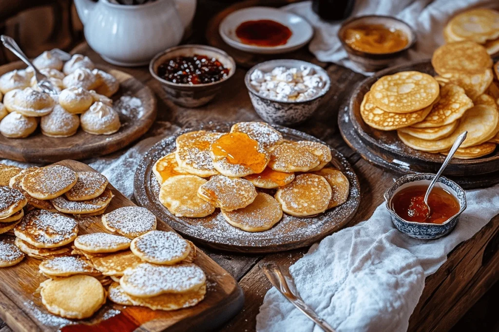 What are the small pancakes called? A festive table with mini pancakes from different cultures, including poffertjes, blini, baghrir, and æbleskiver, served in traditional ways.