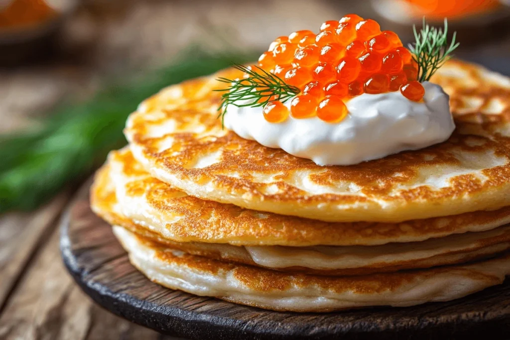 Are blinis the same as pancakes? A close-up of traditional Russian blinis, thin and golden-brown, served with sour cream, fresh dill, and red caviar on a rustic wooden table.