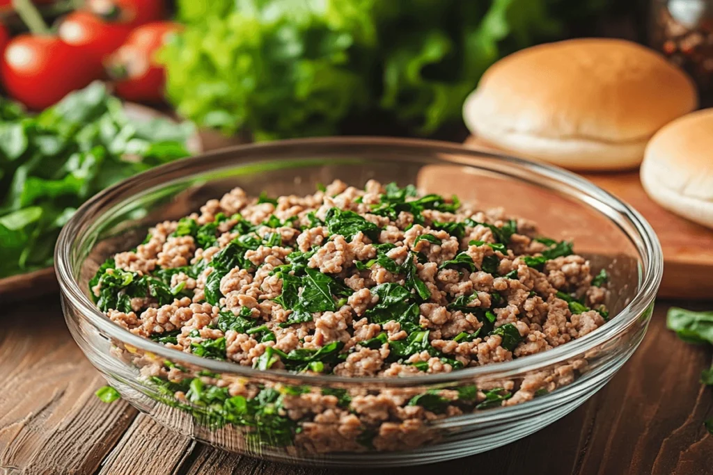 Mixing fresh ground turkey with finely chopped spinach, garlic, and spices in a bowl. Discover what is the healthiest burger you can make? With whole grain buns, fresh tomatoes, and lettuce neatly arranged on a wooden counter