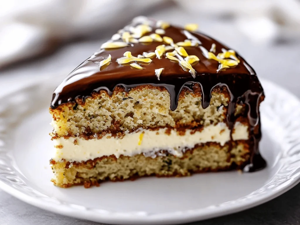 A beautifully decorated slice of zucchini cake with cream cheese frosting, lemon glaze, and chocolate ganache, showcasing its moist texture.