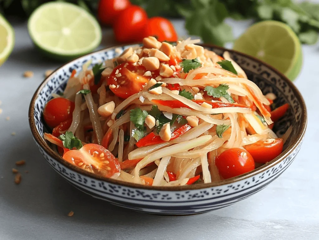 Traditional Thai green papaya salad (Som Tam) served on a plate with shredded green papaya, tomatoes, peanuts, and chilies.
