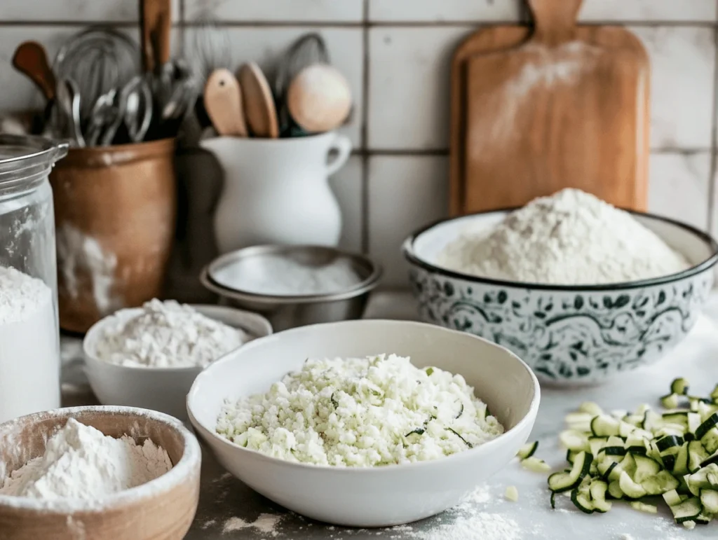A clean kitchen counter with ingredients like flour, sugar, grated zucchini, and mixing bowls, ready for baking a zucchini cake recipe.