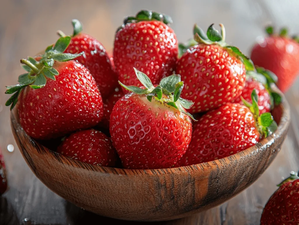 Fresh strawberries being washed in a wooden bowl with water droplets on the surface, preparing for homemade strawberry puree.