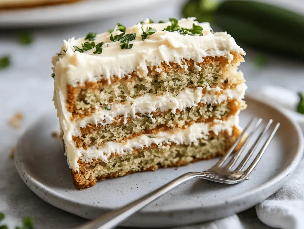 Close-up of a slice of zucchini cake with frosting and a bite taken out, showcasing its moist crumb and delicious texture.