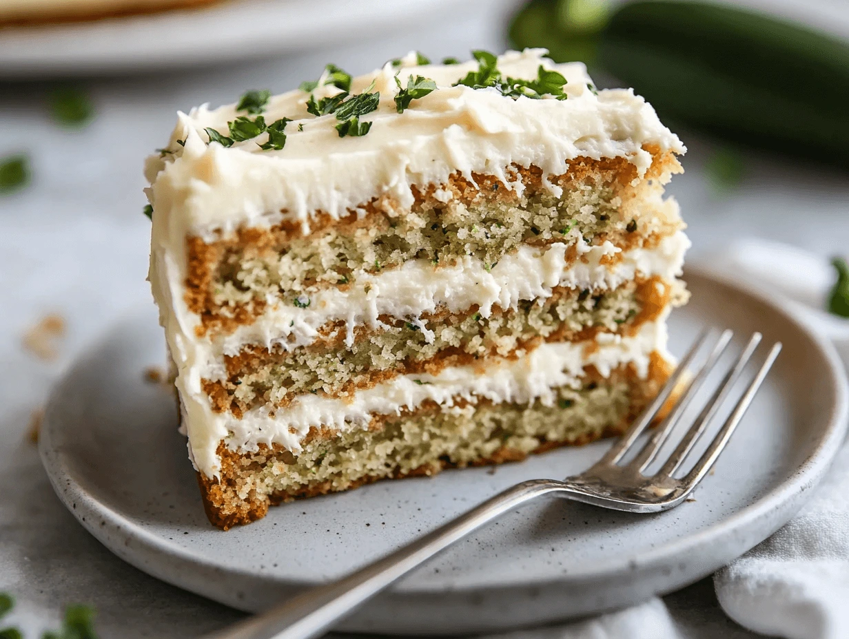 Close-up of a slice of zucchini cake with frosting and a bite taken out, showcasing its moist crumb and delicious texture.