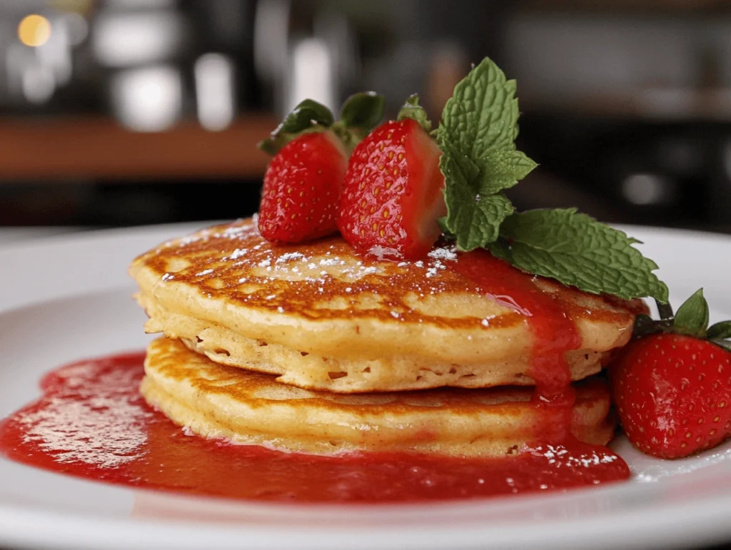Homemade strawberry puree being drizzled over a stack of golden pancakes, creating a rich and fruity breakfast topping with fresh strawberries on the side.