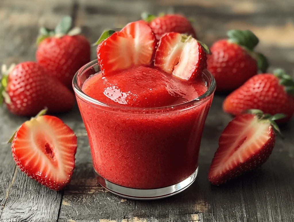 Homemade strawberry puree mix in a glass bowl with fresh strawberries.