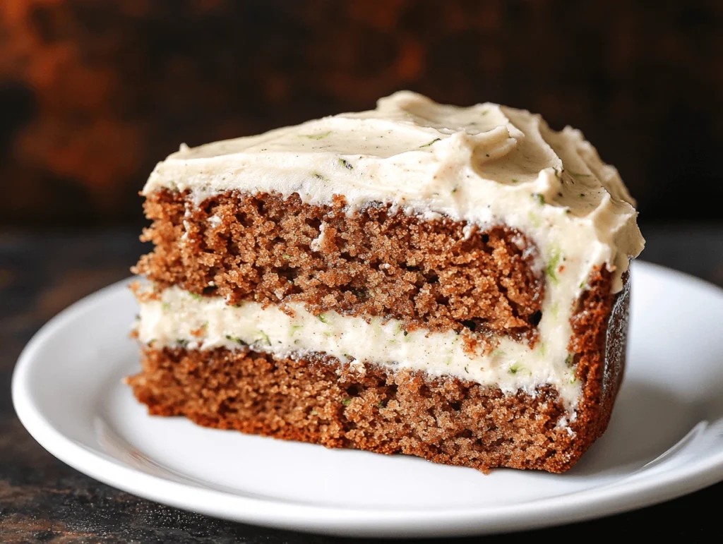 Close-up of a slice of zucchini cake with creamy frosting, showing its soft crumb and spiced texture, perfect for a cozy homemade dessert.