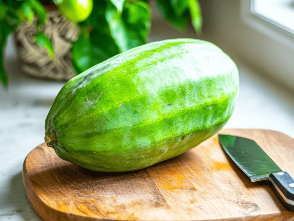 Is green papaya just unripe papaya? A fresh, unripe green papaya sits on a wooden cutting board with a sharp knife beside it in a bright kitchen with natural light.
