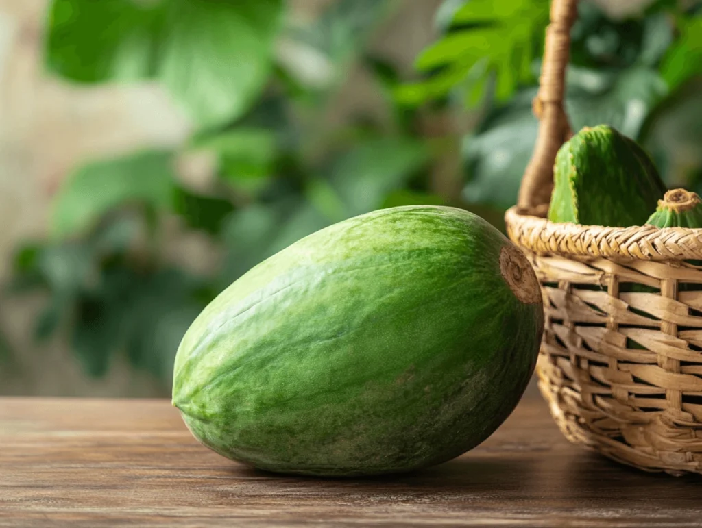 A fresh green papaya with smooth green skin on a rustic wooden table, highlighting its firm texture and natural freshness.