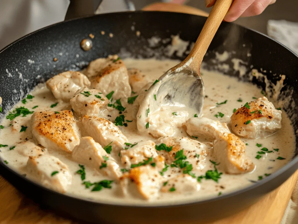Hand stirring creamy garlic parmesan chicken pasta sauce in a skillet, showcasing the sauce creation process.
