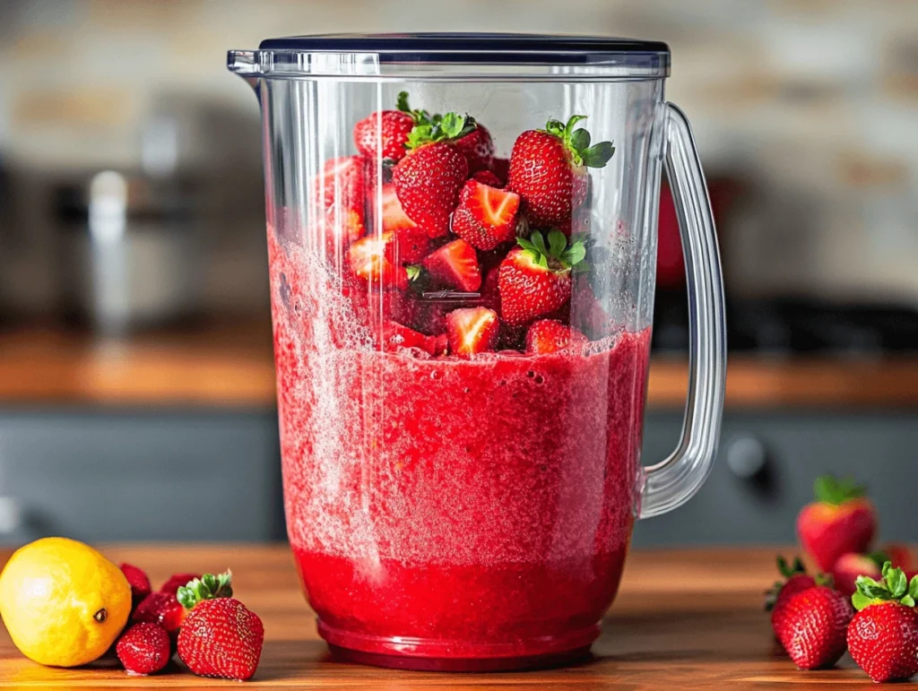 Blending strawberry puree in a high-speed blender with fresh strawberries, sugar, and lemon juice, creating a smooth and vibrant red fruit puree.