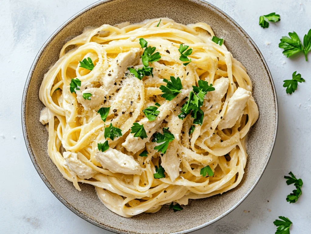 Garlic parmesan chicken pasta served on a plate, garnished with fresh parsley, showcasing a creamy texture and rich flavors.