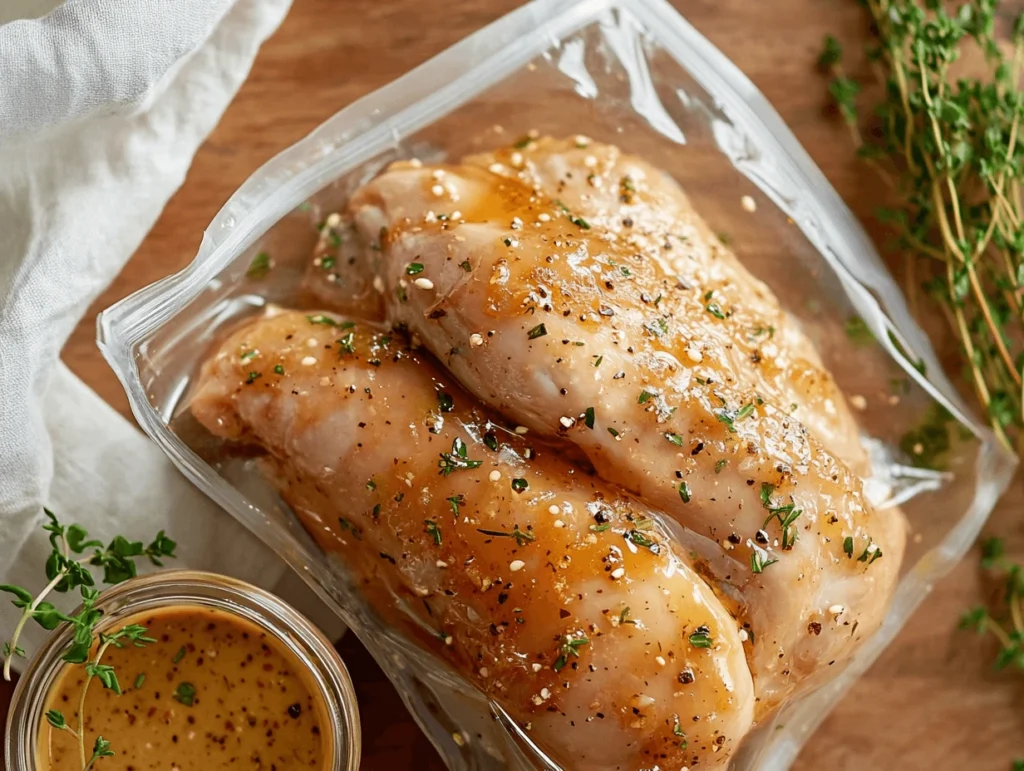 Raw chicken breasts being marinated in a resealable bag with honey mustard sauce and fresh herbs for Alice Springs Chicken.