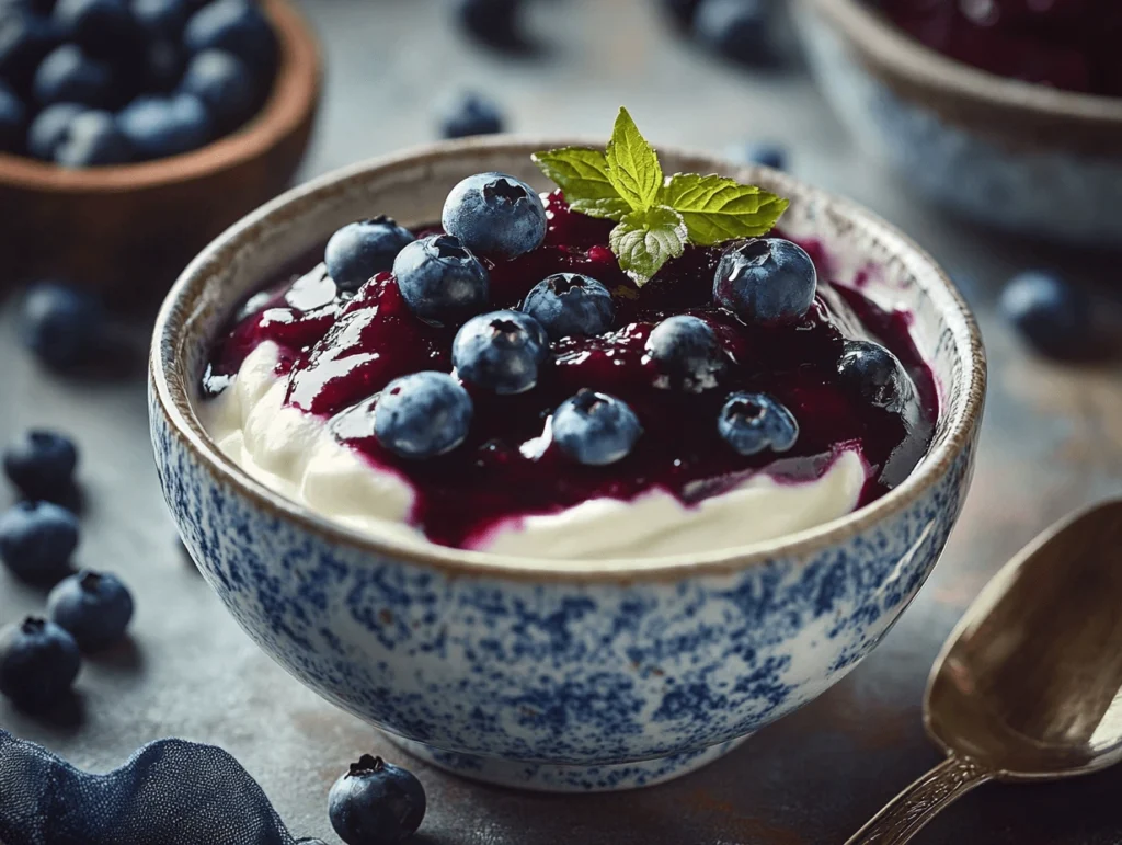 Delicious homemade blueberry compote recipe served over yogurt with fresh blueberries.