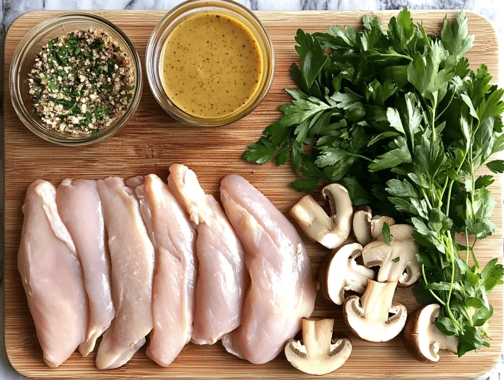 Raw chicken breasts, mushrooms, honey mustard, and fresh herbs are on a wooden cutting board and ready for preparation.