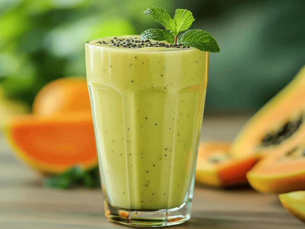 A creamy green papaya smoothie in a tall glass, topped with a sprig of fresh mint, highlighting its rich texture and tropical flavor.